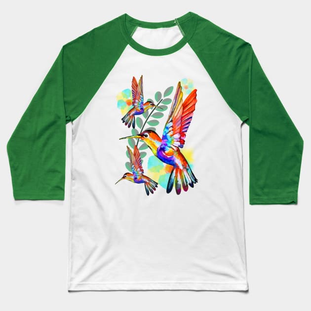 Hummingbird Watercolor Art Floral Pattern Baseball T-Shirt by BluedarkArt